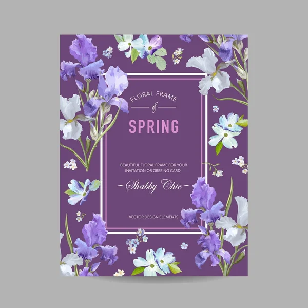 Virág virágos-tavaszi keret lila Iris virágokkal. Meghívó, plakát, szórólap üdvözlőlapsablonba. Vektoros illusztráció — Stock Vector