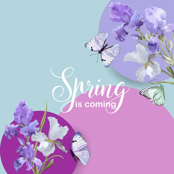 Floral Bloom Spring Banner con flores de iris púrpura y mariposas. Invitación, Póster, Tarjeta de felicitación Flyer Template. Ilustración vectorial — Vector de stock