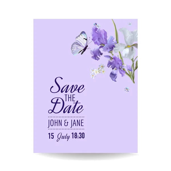 Salvare la scheda data con fiori e farfalle. Modello di invito al matrimonio floreale. Disegno botanico per biglietti d'auguri. Illustrazione vettoriale — Vettoriale Stock