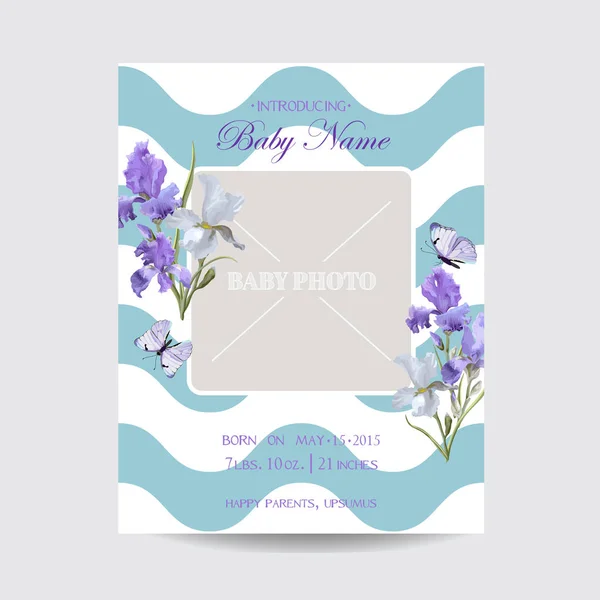 Baby Shower Arrival Card Template with Photo Frame. Floral Invitation with Iris Flowers and Butterflies. Vector illustration — Stock Vector