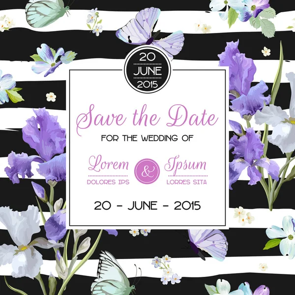 Salve o cartão de data com flores e borboletas. Modelo de convite de casamento floral. Projeto Botânico para Cartões de Saudação. Ilustração vetorial —  Vetores de Stock