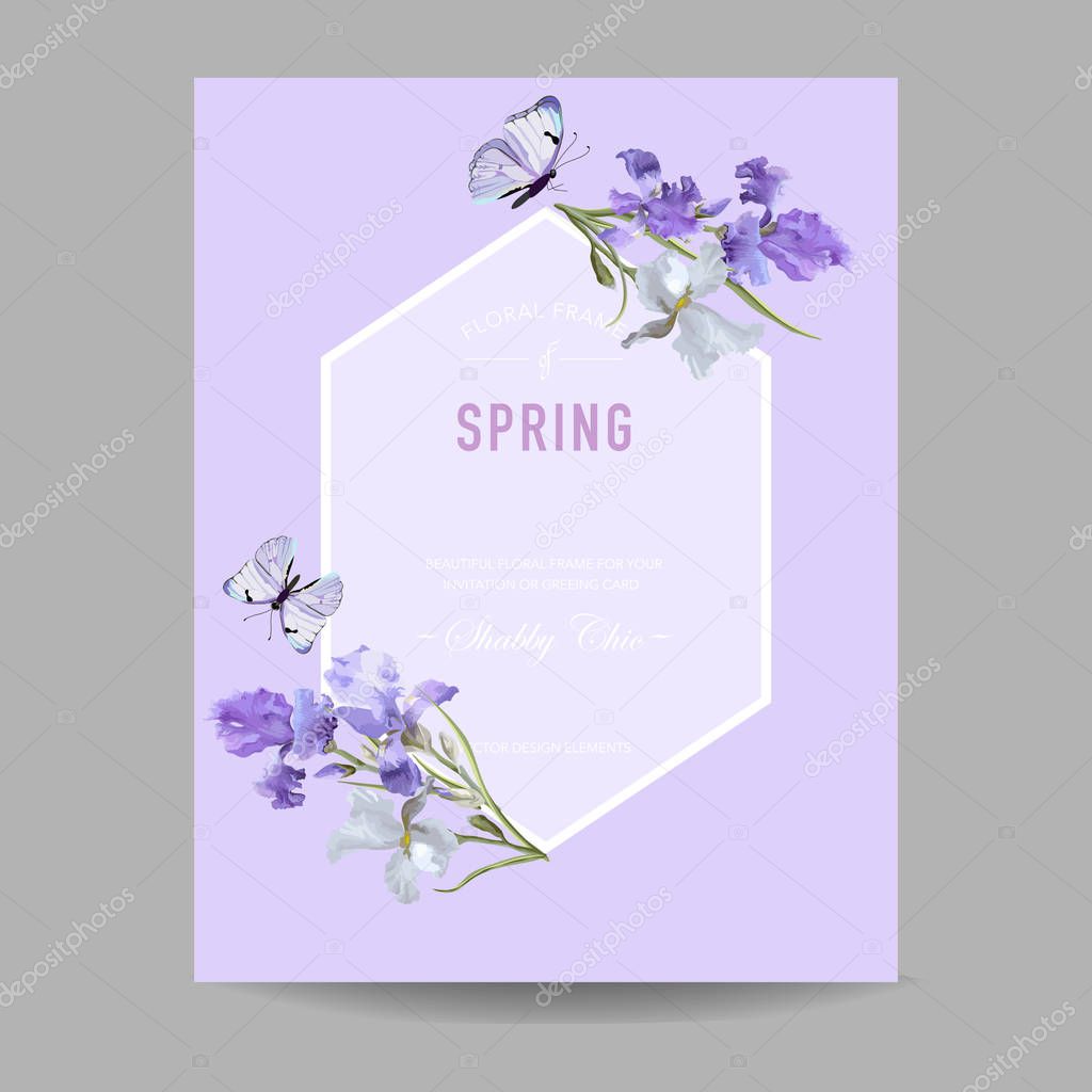Floral Bloom Spring Frame with Purple Iris Flowers. Invitation, Poster, Greeting Card Flyer Template. Vector illustration