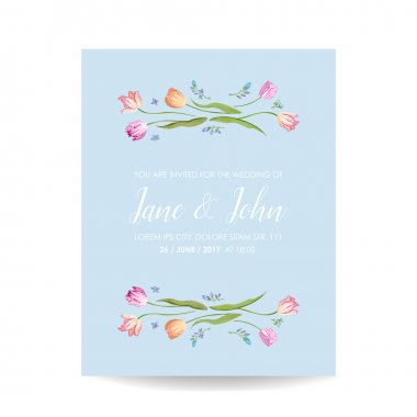 Tarih suluboya kartı çiçeği lale çiçekleri ile kaydedin. Düğün davetiyesi, yıldönümü partisi, Rsvp çiçek şablon. Vektör çizim