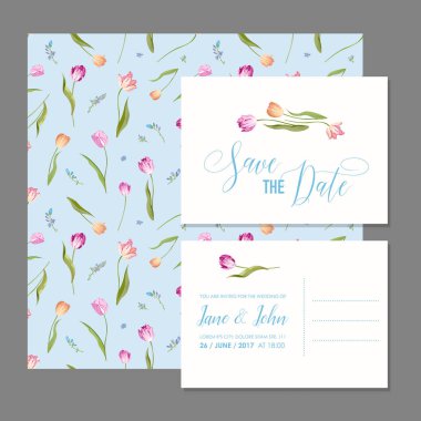 Kart ayarlandı çiçeği lale çiçekleri ile kaydedin. Düğün davetiyesi, yıldönümü partisi, Rsvp çiçek şablon. Vektör çizim