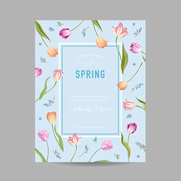 Virágzó tavaszi és nyári virág rajzolatú kártya akvarell tulipán virágok, meghívás, esküvő, baba zuhany. Vektoros illusztráció — Stock Vector