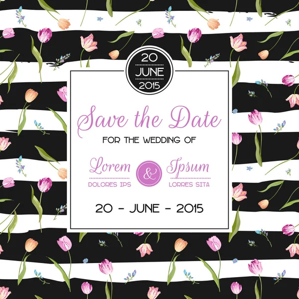 Save the Date Wedding Card with Blossom Tulips Flowers. Birthday Invitation, Anniversary Party, RSVP Floral Template. Vector illustration — Stock Vector