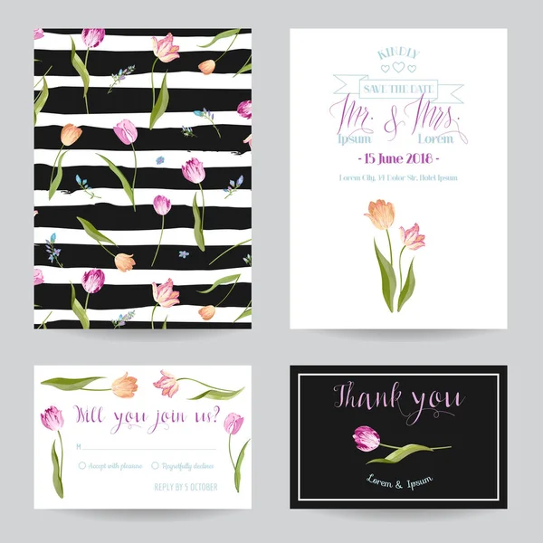 Enregistrer les cartes de mariage Date Set avec fleurs de tulipes en fleurs. Invitation d'anniversaire, fête d'anniversaire, modèle floral RSVP. Illustration vectorielle — Image vectorielle