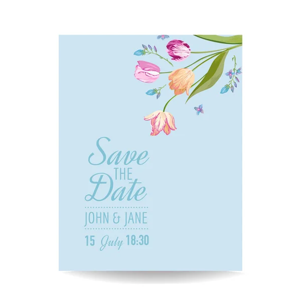 Salve o cartão de data com flores de tulipas de primavera. Convite de casamento, festa de aniversário, modelo floral RSVP. Ilustração vetorial — Vetor de Stock