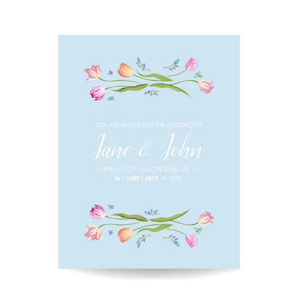 花チューリップ花の日水彩カードを保存します。結婚式招待状、周年記念パーティー、Rsvp 花テンプレート。ベクトル図 — ストックベクタ