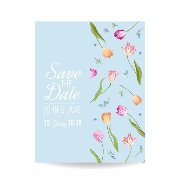 Salve o cartão de data com flores de tulipas de flor. Convite de casamento, festa de aniversário, modelo floral RSVP. Ilustração vetorial —  Vetores de Stock