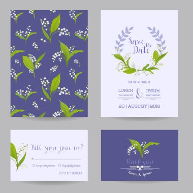 Düğün kartları ayarlandı çiçeği Lily çiçekler ile kaydedin. Doğum günü daveti, yıldönümü partisi, Rsvp çiçek şablon. Vektör çizim