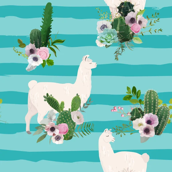 Lama und Kaktus nahtlose Muster. Lamas Natur Hintergrund für Stoff, Tapete, Geschenkpapier, Dekoration. Vektorillustration — Stockvektor