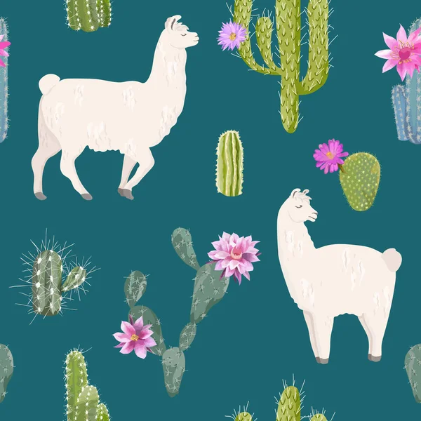 Lama a kaktus vzor bezešvé. Lamas divoké přírody zázemí pro tkaniny, balicí papír, tapety, dekorace. Vektorové ilustrace — Stockový vektor