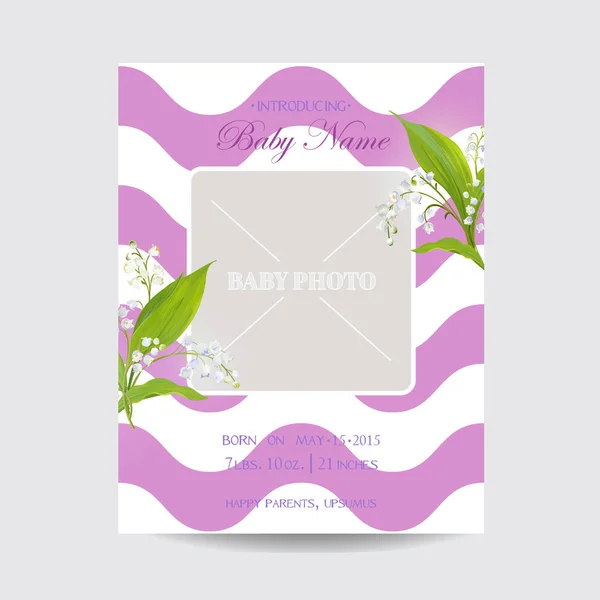 Baby Shower Arrival Card Template with Photo Frame. Floral Invitation with Lily Flowers. Vector illustration — Stockvector