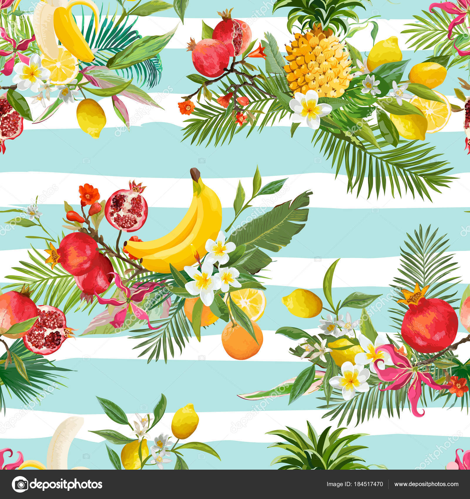 Seamless Tropical Fruits Pattern Exotic Background With Pomegranate Banana Flowers And Palm Leaves For Wallpaper Stock Vector Image By C Woodhouse