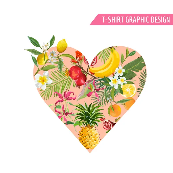 Letní Design s tropickým ovocem. Tvar srdce s ananasem, banánem a Palm listy pro tkaniny, trička, plakáty — Stockový vektor