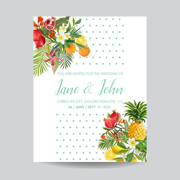 Invitation de mariage avec des fruits tropicaux et des fleurs. Salutation Enregistrer la carte de date avec des éléments floraux pour l'anniversaire — Image vectorielle