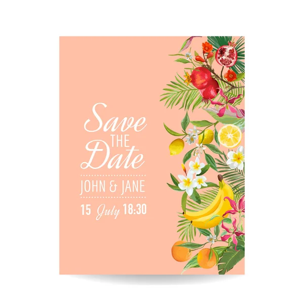 Invitation de mariage avec fruits tropicaux et feuilles de palmier. Salutation Enregistrer la carte de date avec des fleurs pour l'anniversaire — Image vectorielle