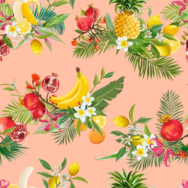 Nahtlose tropische Früchte Muster. exotischer Hintergrund mit Granatapfel, Banane, Blumen und Palmblättern zur Tapete — Stockvektor