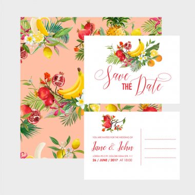 Düğün davetiye şablon tropikal meyve ve çiçekler ile ayarlayın. Yıldönümü için tebrik kartı ile çiçek öğeleri