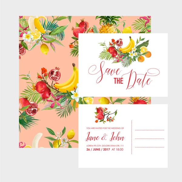 Modèle d'invitation de mariage avec fruits tropicaux et fleurs. Carte de voeux avec éléments floraux pour anniversaire — Image vectorielle