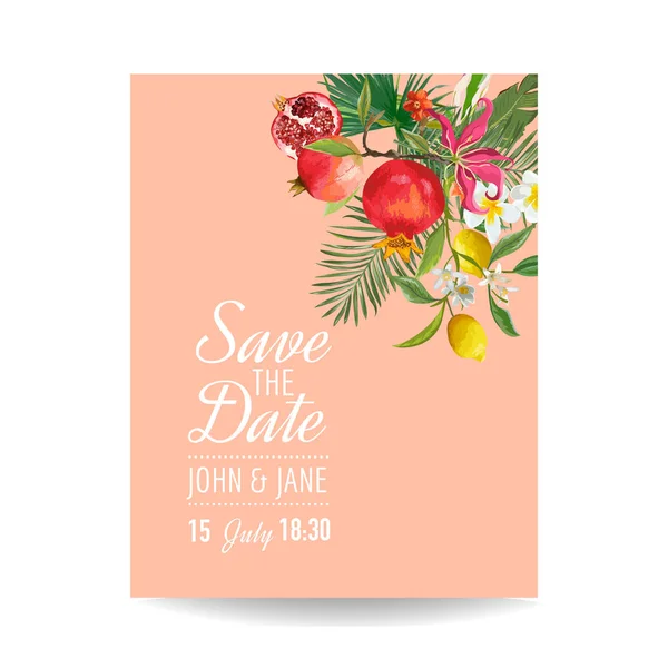 Invitación a la boda con frutas tropicales y hojas de palma. Saludo Guardar la tarjeta de fecha con flores para el aniversario — Vector de stock