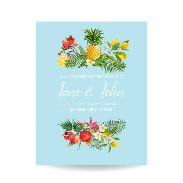 Προσκλητήριο γάμου με τροπικά φρούτα και Palm φύλλα. Χαιρετισμό Αποθήκευση την ημερομηνία κάρτα με λουλούδια για επέτειο — Διανυσματικό Αρχείο