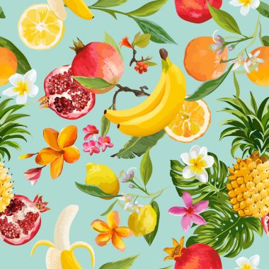 Sorunsuz tropikal meyve deseni. Nar, limon, çiçek ve Palm egzotik arka plan duvar kağıdı için yaprakları