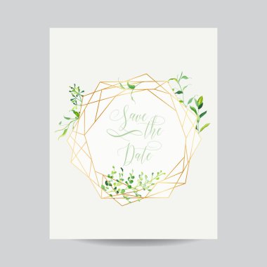 Düğün davetiyesi çiçek şablon. Tarihi çerçevesi yer ile metin ve tropikal yaprak için kaydetme. Tebrik kartı, Poster, afiş. Vektör çizim
