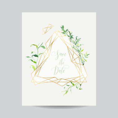Düğün davetiyesi çiçek şablon. Tarihi Traingle çerçeve metin ve tropikal yaprak için yer ile kaydedin. Tebrik kartı, Poster, afiş. Vektör çizim