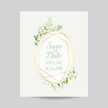 Düğün davetiyesi çiçek şablon. Tarihi çerçevesi yer ile metin ve tropikal yaprak için kaydetme. Tebrik kartı, Poster, afiş. Vektör çizim