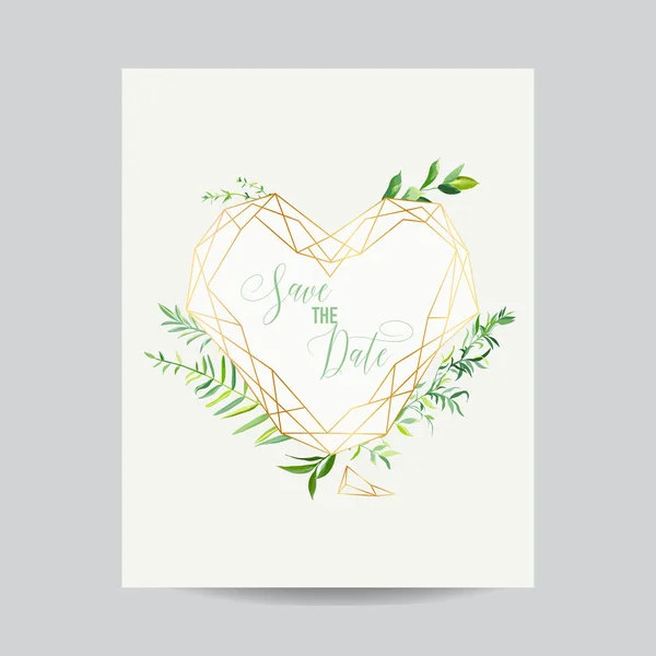 Hochzeitseinladung florale Herzform Vorlage. Speichern Sie den Datumsrahmen mit Platz für Ihren Text und tropische Blätter. Grußkarte, Plakat, Banner. Vektorillustration — Stockvektor