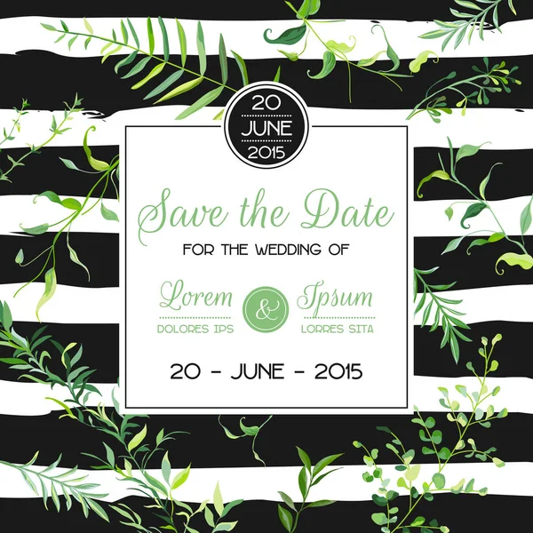 Wedding Invitation or Congratulation Floral Card Template with Tropical Leaves. Save the Date Blooming Spring and Summer Frame. Vector illustration — Stock Vector