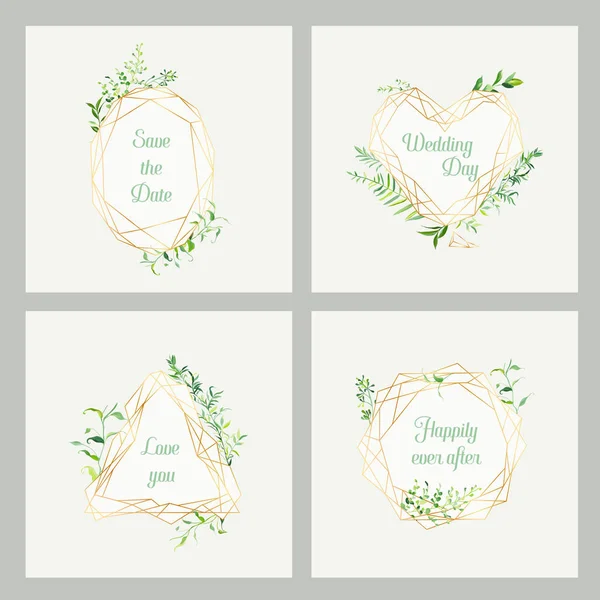 Convite de casamento Floral Templates Set. Salve os quadros de data com lugar para o seu texto e folhas tropicais. Cartões, cartazes, cartazes. Ilustração vetorial — Vetor de Stock