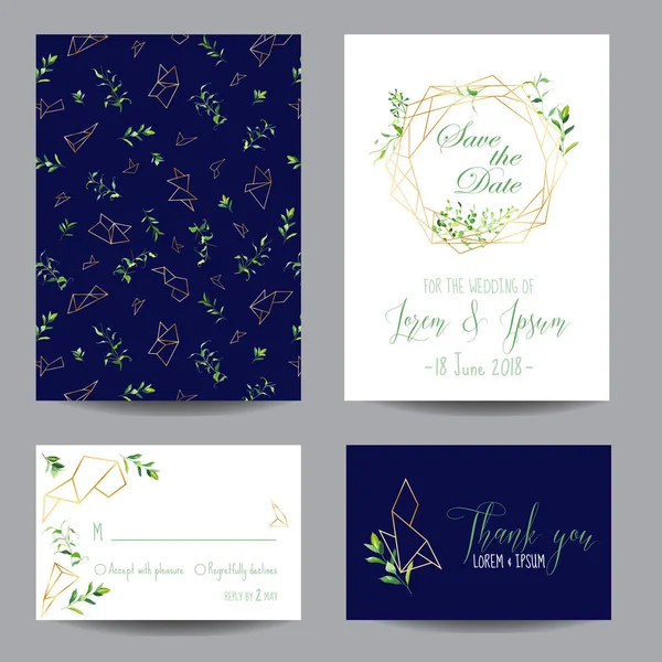 Conjunto de plantillas florales de invitación a la boda. Guarde las tarjetas de fecha con lugar para su texto y hojas tropicales. Ilustración vectorial — Archivo Imágenes Vectoriales