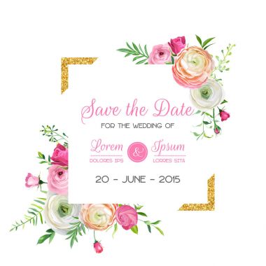 Tarih Kartı Şablonunu Altın Parıltılı Çerçeve ve Pembe Çiçeklerle Kaydet. Düğün davetiyesi, çiçek süsüyle selamlama. Vektör illüstrasyonu
