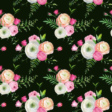 Pembe Gül ve tipik çiçekler çiçek Seamless modeli. Kumaş Tekstil, duvar kağıdı ve dekor için botanik arka plan. Vektör çizim