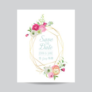 Düğün davetiyesi çiçek şablon. Tarih altın çerçeve metin ve pembe çiçekler için yer ile kaydedin. Tebrik kartı, Poster, afiş. Vektör çizim
