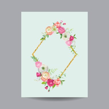 Çiçeklenme ilkbahar ve yaz çerçeve çiçek altın Glitter kenarlıklı. Sulu boya pembe çiçekler düğün, davet için duş kart vektör bebeğim