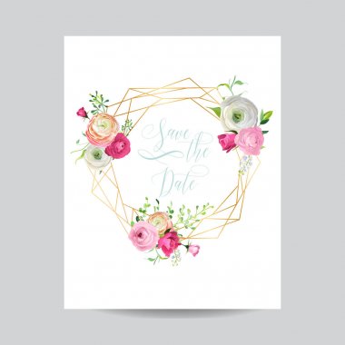 Düğün davetiyesi çiçek şablon. Tarih altın çerçeve metin ve pembe çiçekler için yer ile kaydedin. Tebrik kartı, Poster, afiş. Vektör çizim