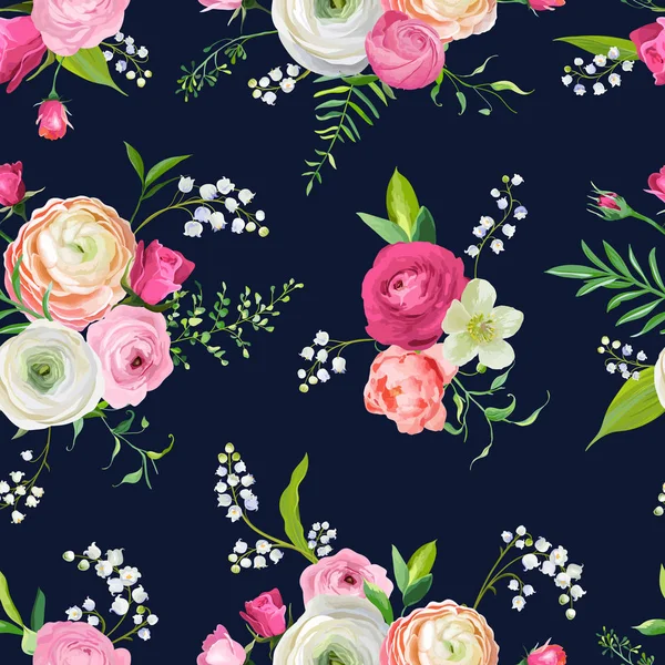 ピンク色の花とユリの花のシームレスなパターン。ファブリック繊維、壁紙、包装紙、装飾用植物の背景。ベクトル図 — ストックベクタ