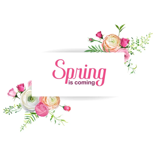 Hola Spring Floral Card para la decoración de vacaciones. Invitación de la boda, Plantilla de saludo con flores rosadas florecientes. Ilustración vectorial — Vector de stock