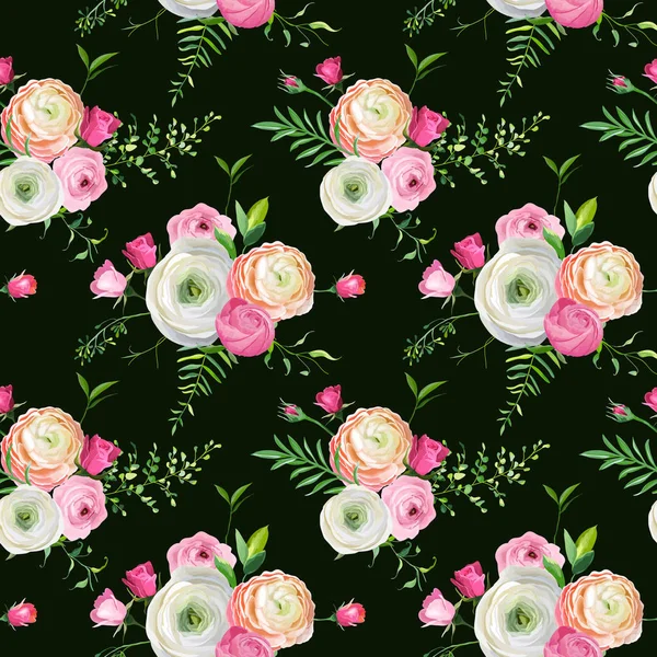 Padrão sem costura floral com rosas cor-de-rosa e flores Ranunculus. Fundo botânico para tecido têxtil, papel de parede e decoração. Ilustração vetorial — Vetor de Stock