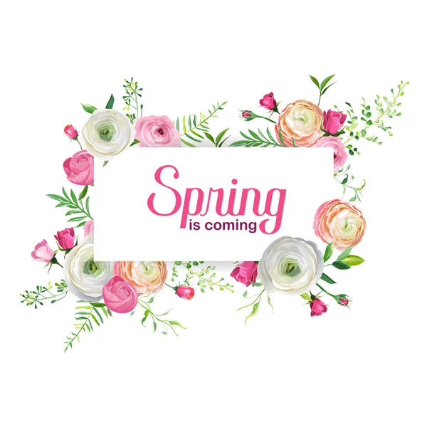 こんにちは春の休日の装飾用花カード。結婚式の招待状、挨拶で、ピンクの花の咲くテンプレート。ベクトル図 — ストックベクタ