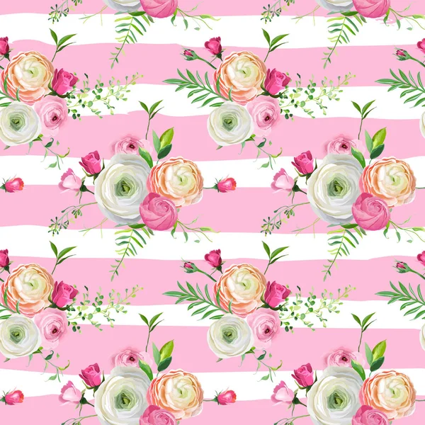 Цветочный бесшовный узор с розовыми розами и цветами ранункула. Ботанический фон для текстиля, обоев, оберточной бумаги и декора. Векторная иллюстрация — стоковый вектор