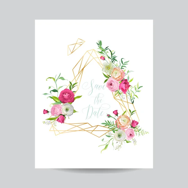 Hochzeitseinladung florale Vorlage. Speichern Sie den goldenen Datumsrahmen mit Platz für Ihren Text und Hahnenfußblumen. Grußkarte, Plakat, Banner. Vektorillustration — Stockvektor