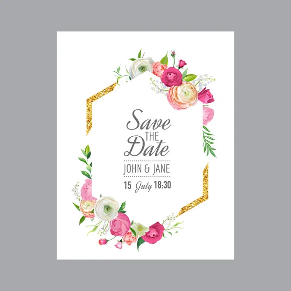 Salve o modelo de cartão de data com moldura de brilho dourado e flores cor de rosa. Convite de casamento, saudação com ornamento floral. Ilustração vetorial — Vetor de Stock