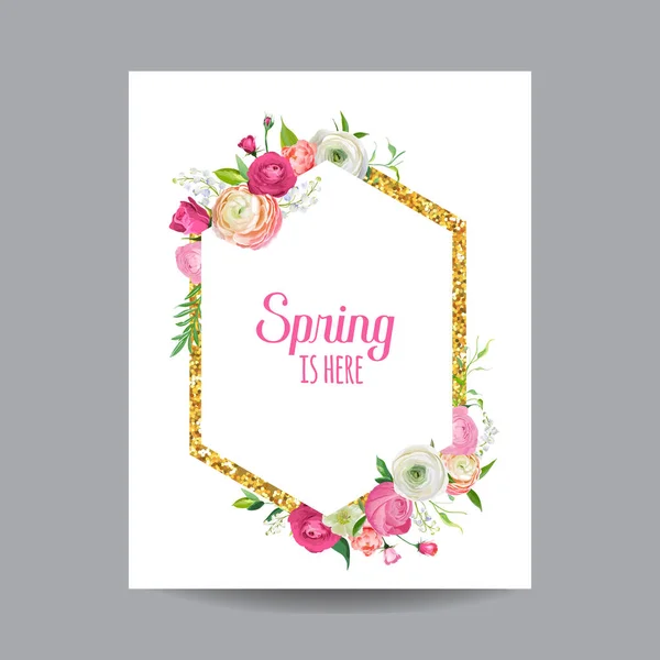 Virágzó tavaszi és nyári virágos keret arany csillogó szegéllyel. Akvarell Rózsa virágok pályázati, esküvő, Baby Shower kártya vektor — Stock Vector