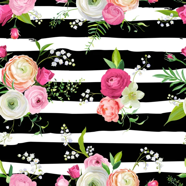 Květinový vzor bezešvé s růžovými květy a Lily. Botanické pozadí pro textilní tkaniny, tapety, balicí papír a dekor. Vektorové ilustrace — Stockový vektor