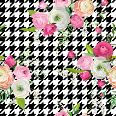 Pembe çiçekler ve köpek dişi süs çiçek Seamless modeli. Kumaş Tekstil, duvar kağıdı, ambalaj kağıdı ve dekor için botanik arka plan. Vektör çizim